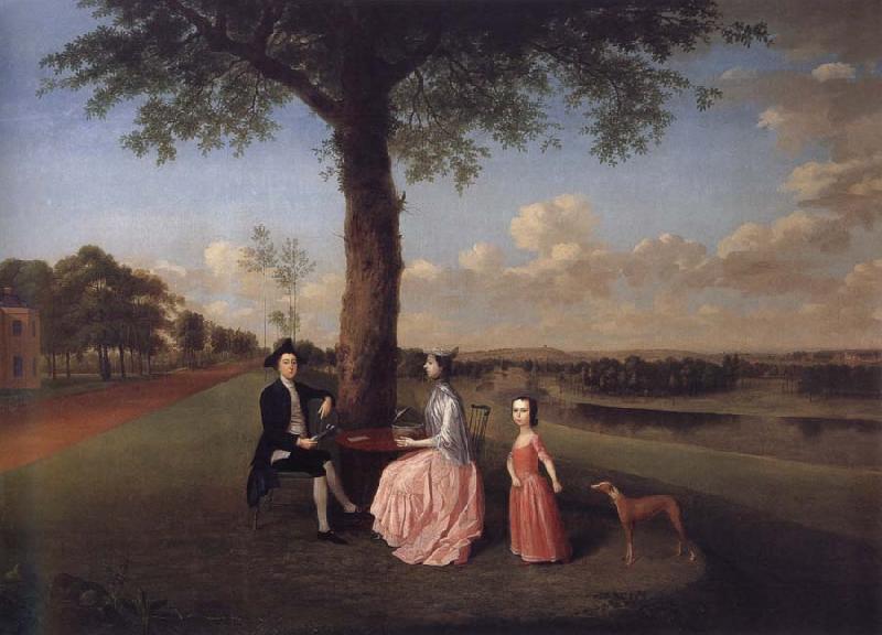 Arthur Devis Henry Fiennes Clinton,9th Earl of Lincoln,with his wife,Catherine and his son,George,on the great terrace at Oatlands